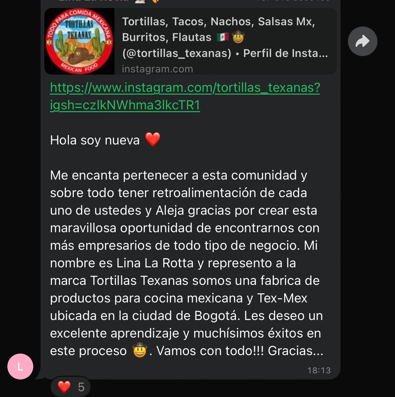 Lina La Rotta — Tortillas Texanas, comunidad